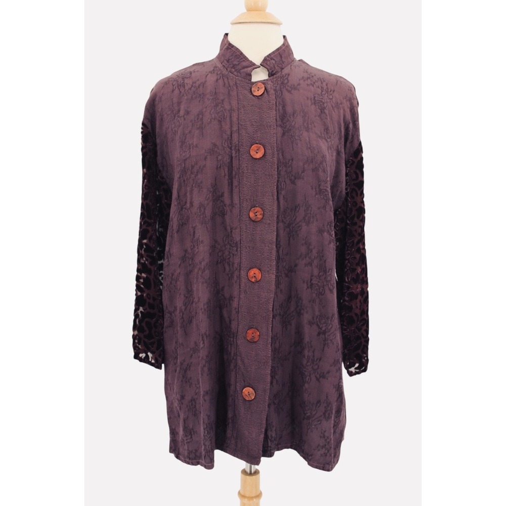 Uru Textured Blouse Tunic Purple Rose Patterned Button Down Velvet One Size